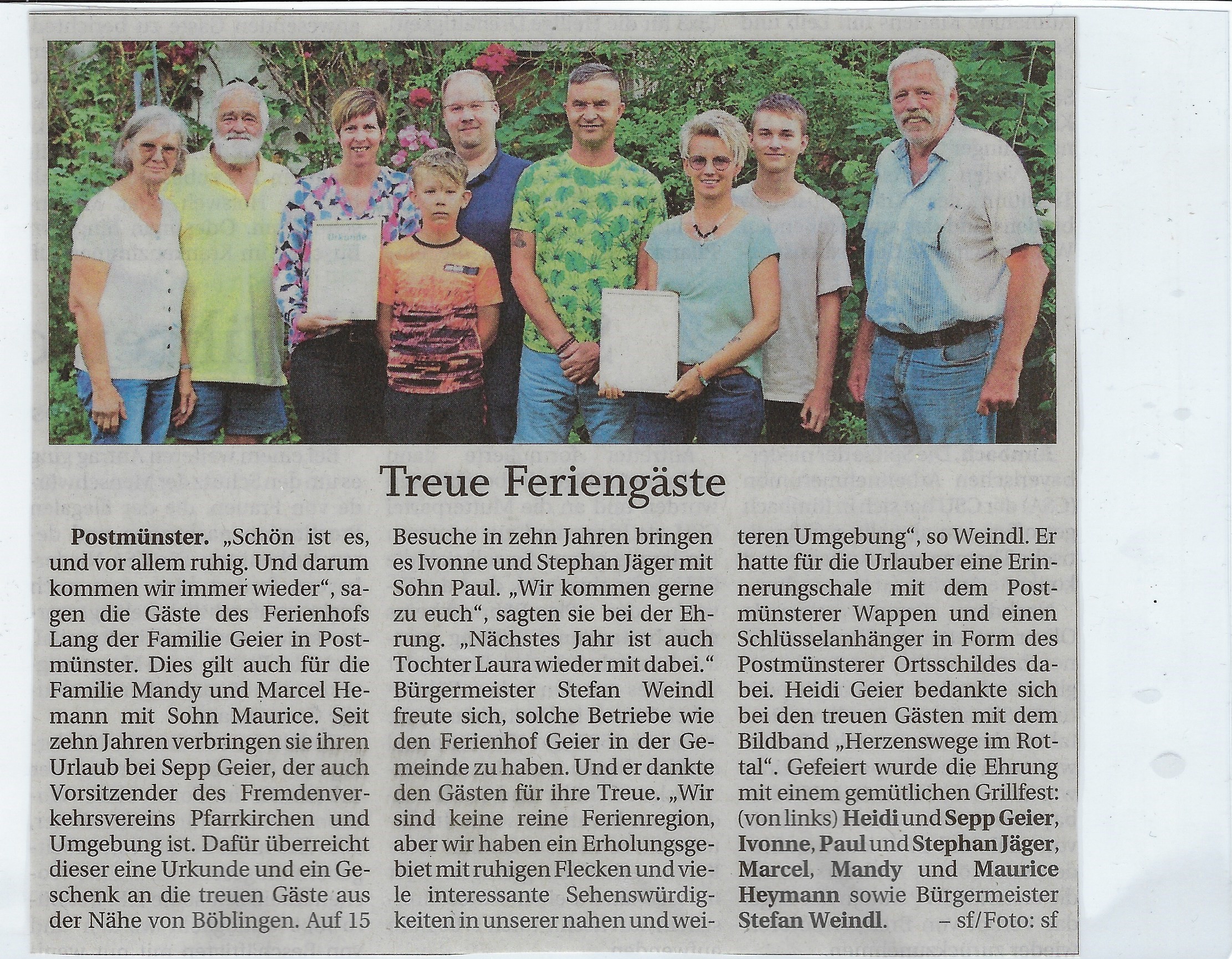 Ehrung Gäste 10 Jahre Urlaub auf Ferienhof